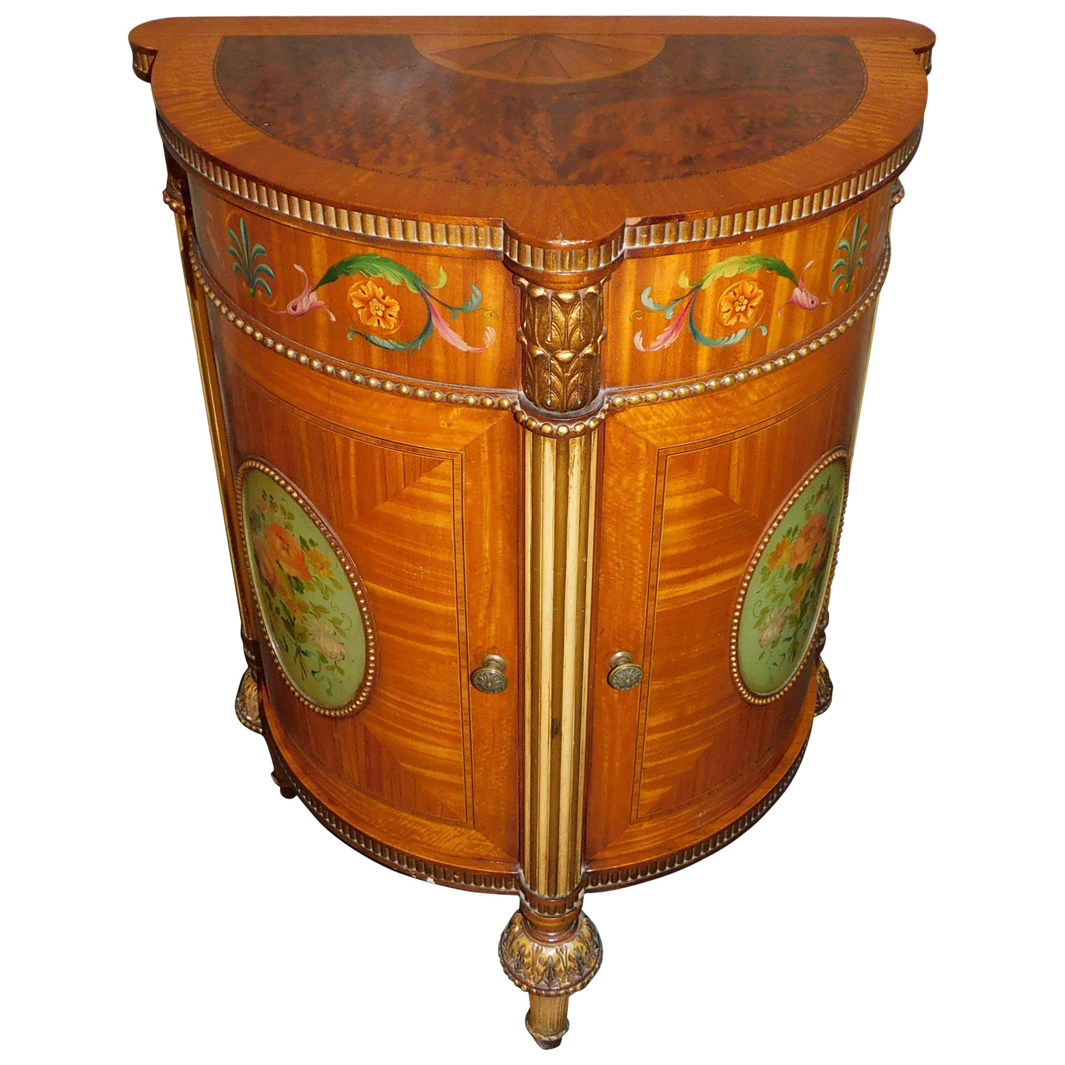 19th Century Hand Painted Demilune Side Cabinet Maple Burled Walnut Satinwood For Sale