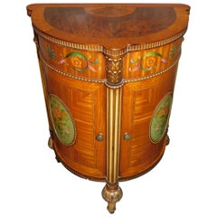 Antique 19th Century Hand Painted Demilune Side Cabinet Maple Burled Walnut Satinwood