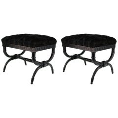 Neoclassical Revival Ebonized Benches with Black Faux Fur Seats