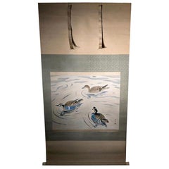 Extraordinary Antique Japanese "Three Mandarin Ducks" Hand Painted Silk Scroll