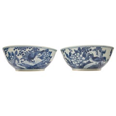 Antique Pair Blue and White Chinese Porcelain Bowls Hand-Painted Qing Dynasty ca. 1880