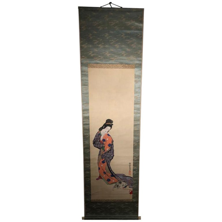 Japanese Tea Scroll Kimono Beauty & Cat Hand Painted Silk Scroll For Sale