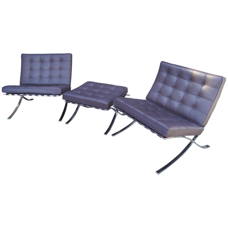Pair of Barcelona Chairs with Single Ottoman by Mies Van Der Rohe for Knoll For Sale