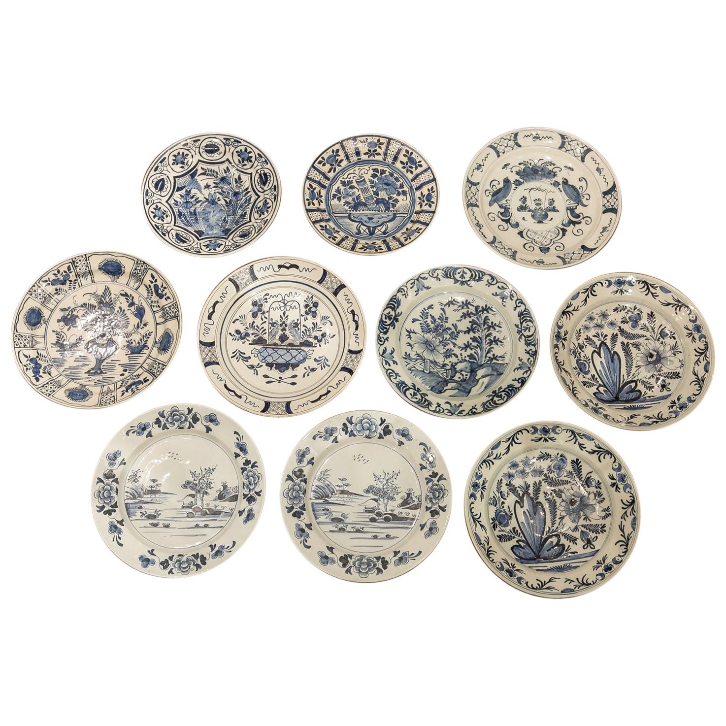 Ten Antique Large Delft Blue and White Chargers Late 18th Century