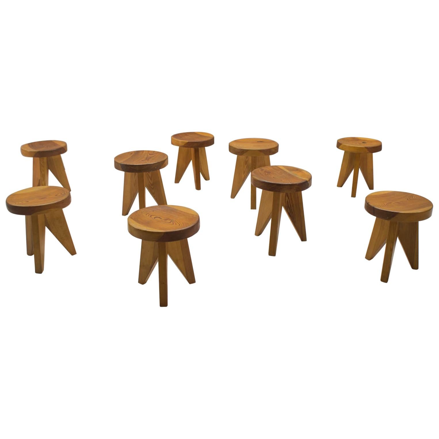 Three-Legged Wooden Stools in Manner of Pierre Chapo, France, 1960s