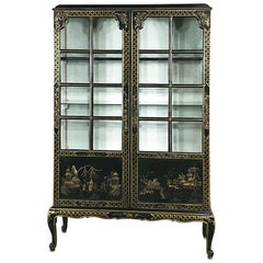 Antique 19th Century English Ebonized and Painted Chinese Style Curio Cabinet, Bookcase