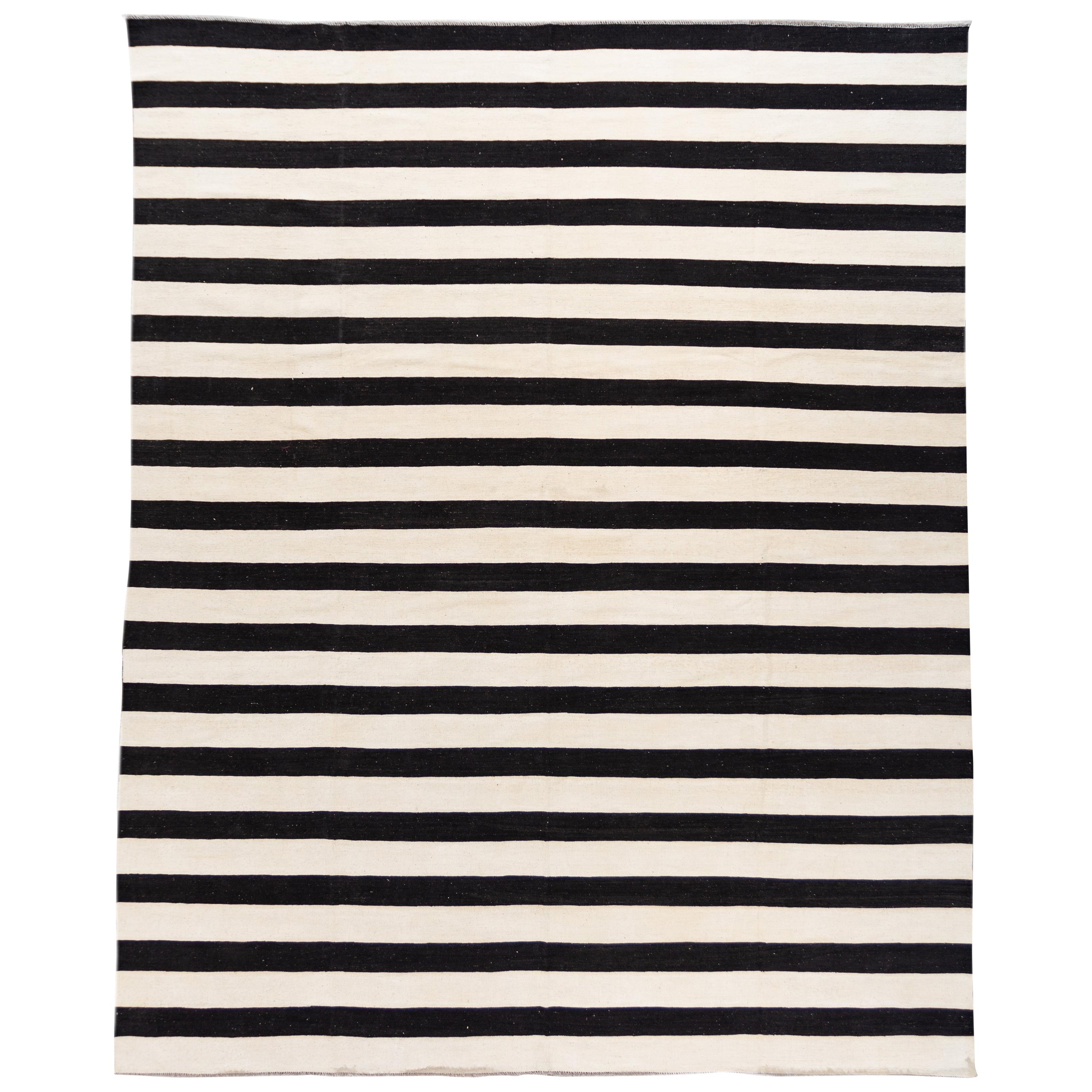 Modern Kilim Black And White Flatweave Wool Rug With Striped Design For Sale