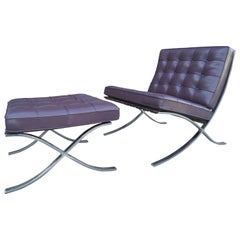 Used Eggplant Leather Barcelona Chair and Ottoman by Mies Van Der Rohe for Knoll