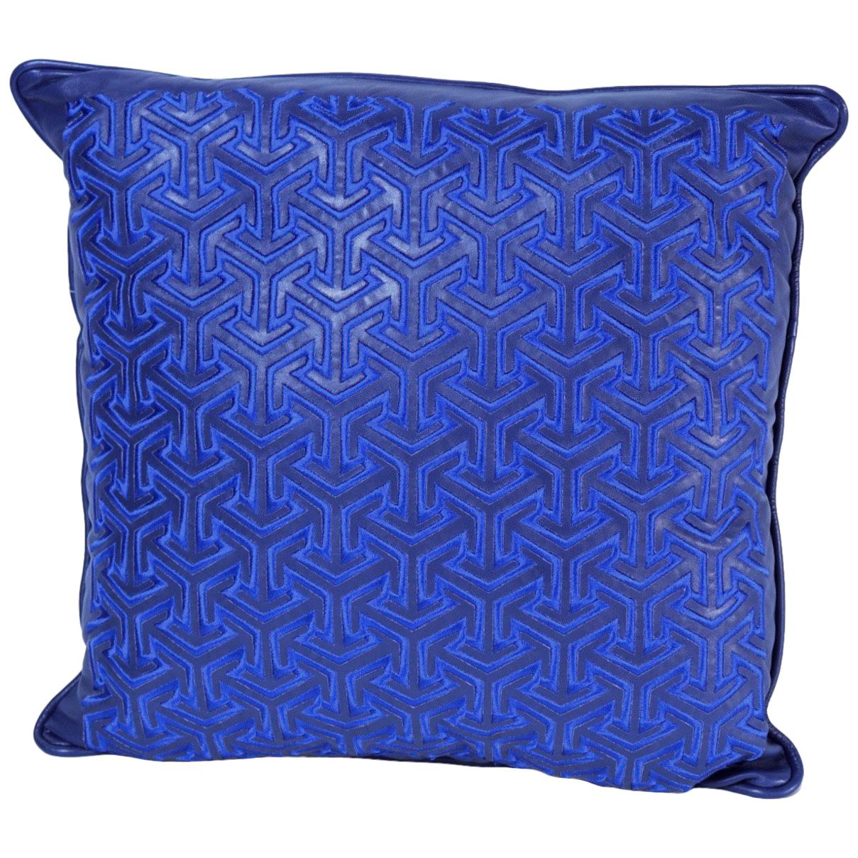 Blue Leather Embroidered Moroccan Throw Pillow