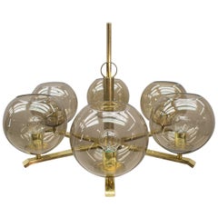 Elegant 1960s Brass Ceiling Lamp with 8 Smoked Glass Globes, Germany