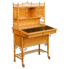 Chinese Chippendale Style Faux-Bamboo Tall Secretary with Slanted Lift-Top Desk