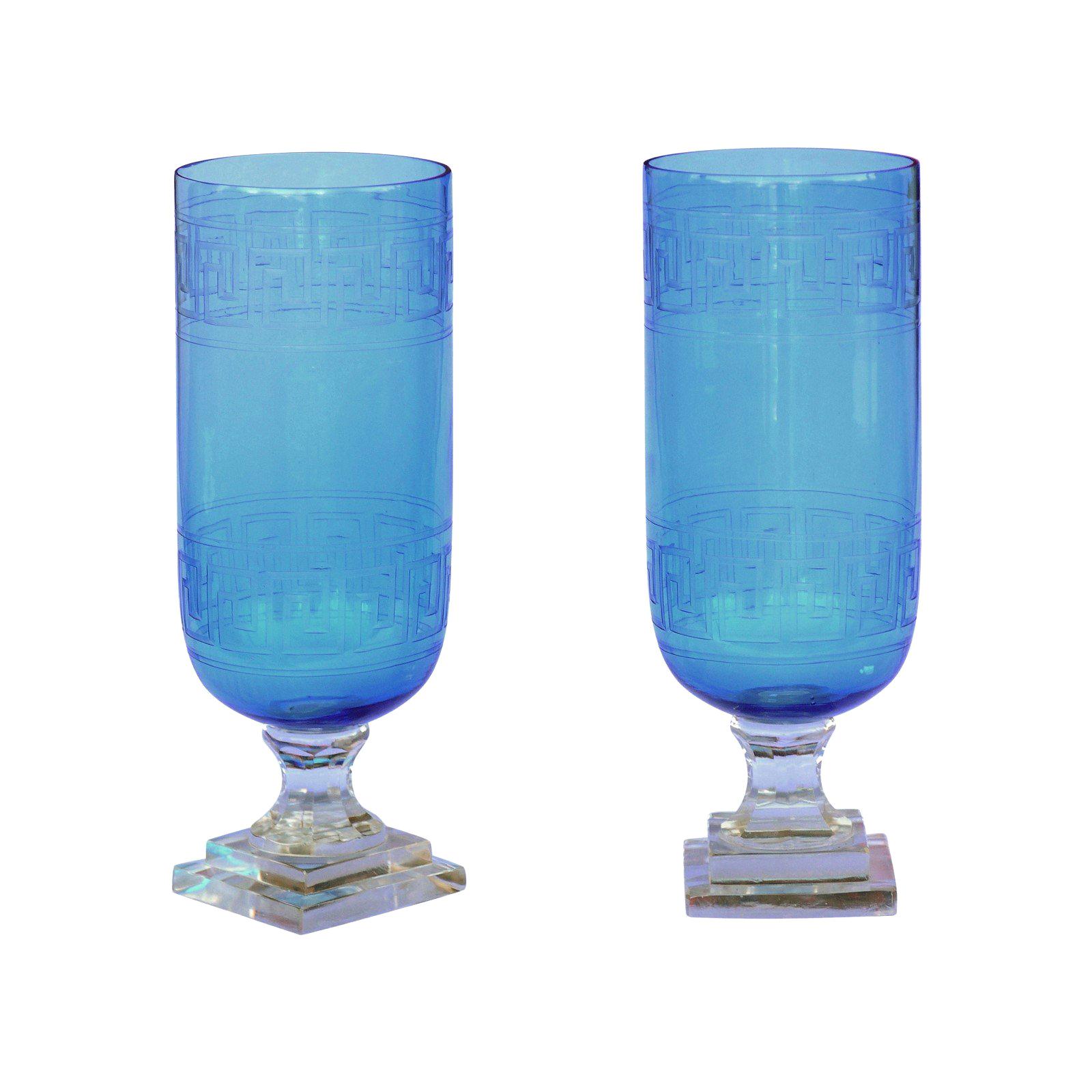 Pair of Vintage English Blue Glass Tall Vases with Greek Key Motifs and