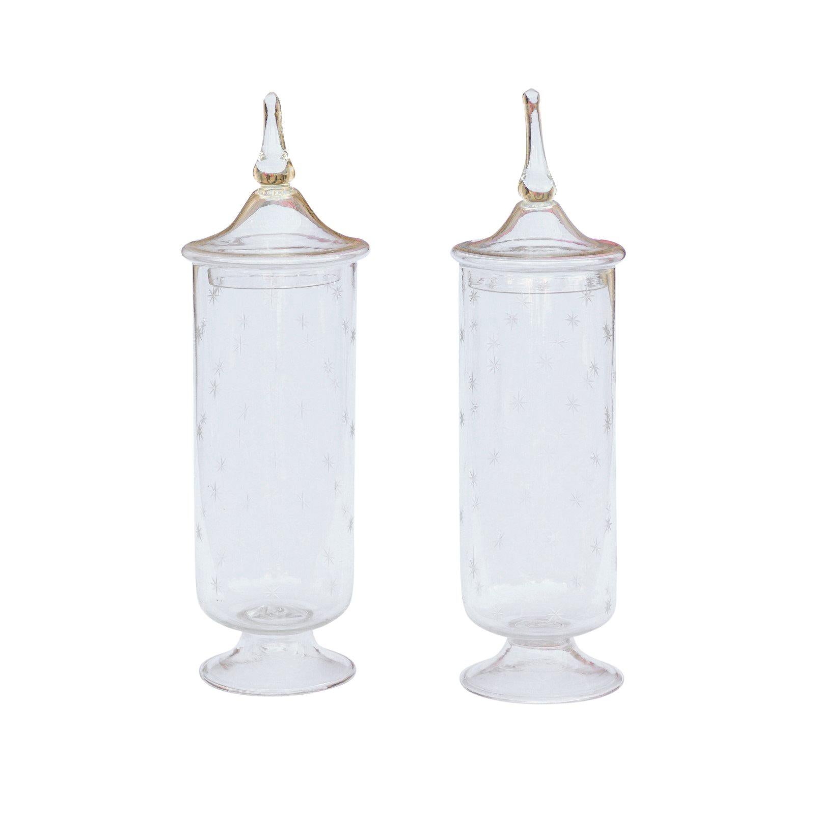 Pair of English 1900s Edwardian Period Tall Lidded Jars with Petite Star Motifs For Sale