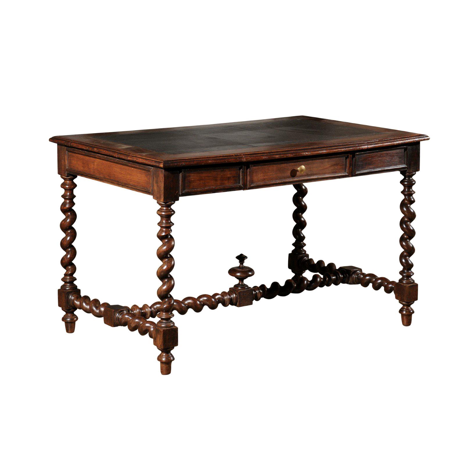French Louis XIII Style 1880s Walnut Desk with Leather Top and Barley Twist Base