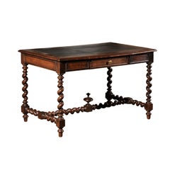 French Louis XIII Style 1880s Walnut Desk with Leather Top and Barley Twist Base