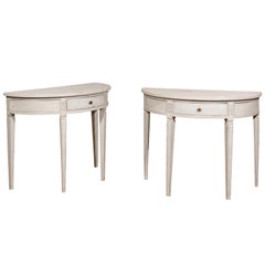 Pair of Swedish 1850s Gustavian Style Painted Demilune Tables with Single Drawer