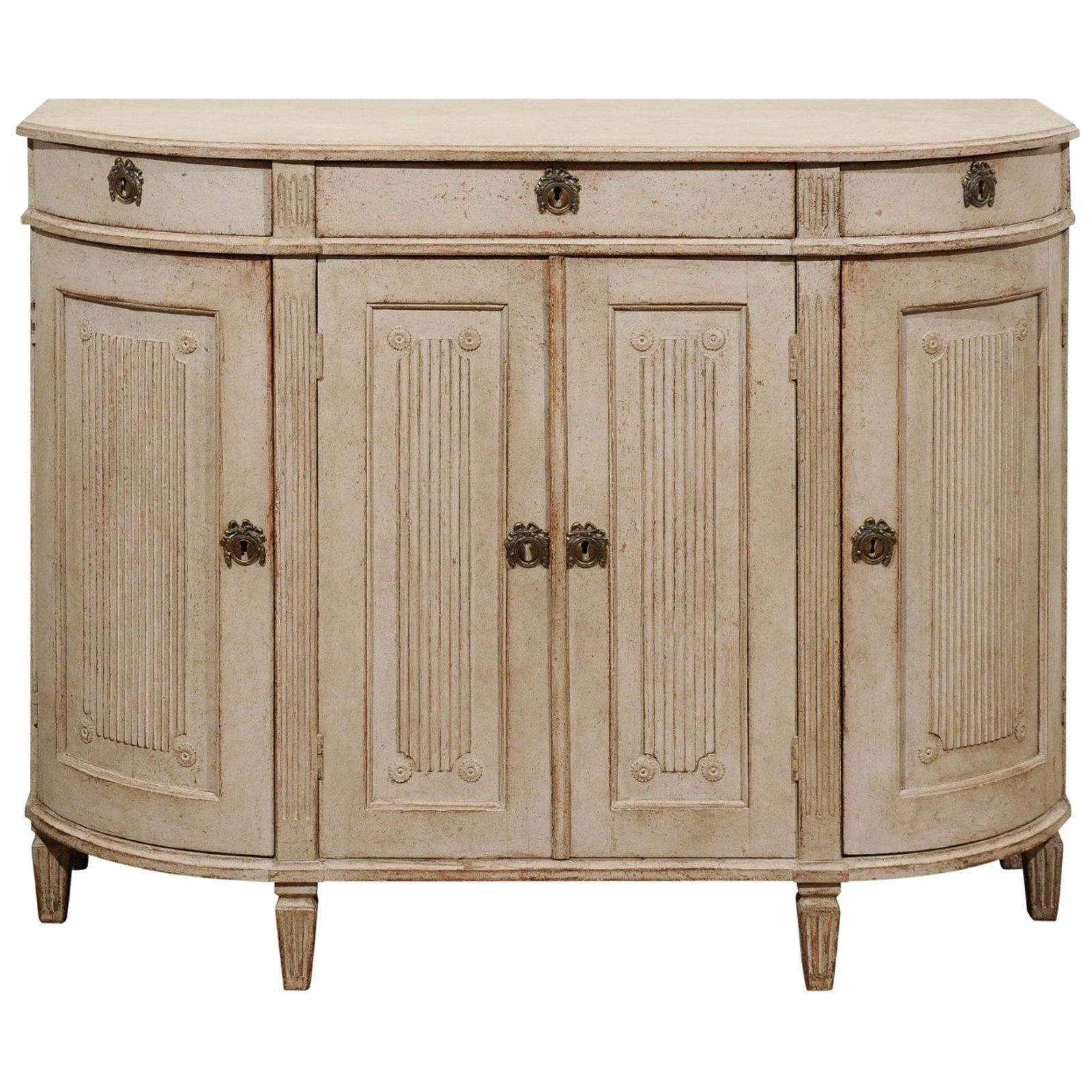 Swedish Gustavian Style 1850s Painted Demilune Sideboard with Reeded Motifs