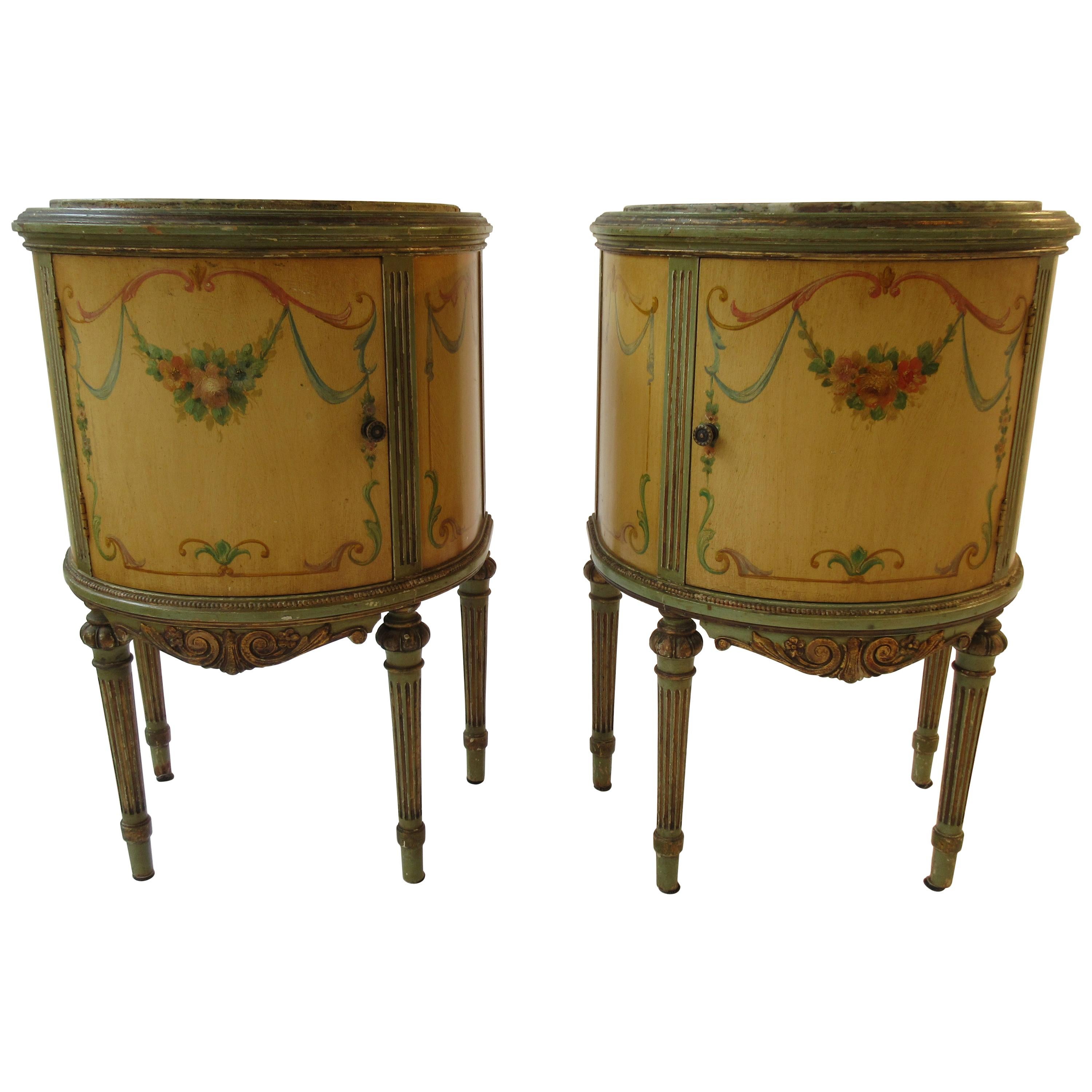 Pair of 1920s Marble-Top Adams Style Demilunes