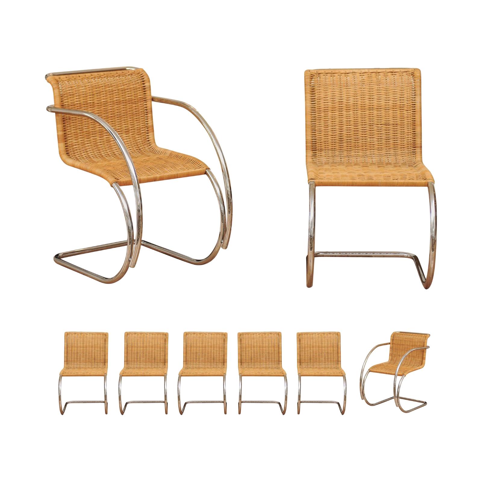 Stunning Pristine Set of 8 MR Cane and Chrome Dining Chairs, Italy, circa 1970