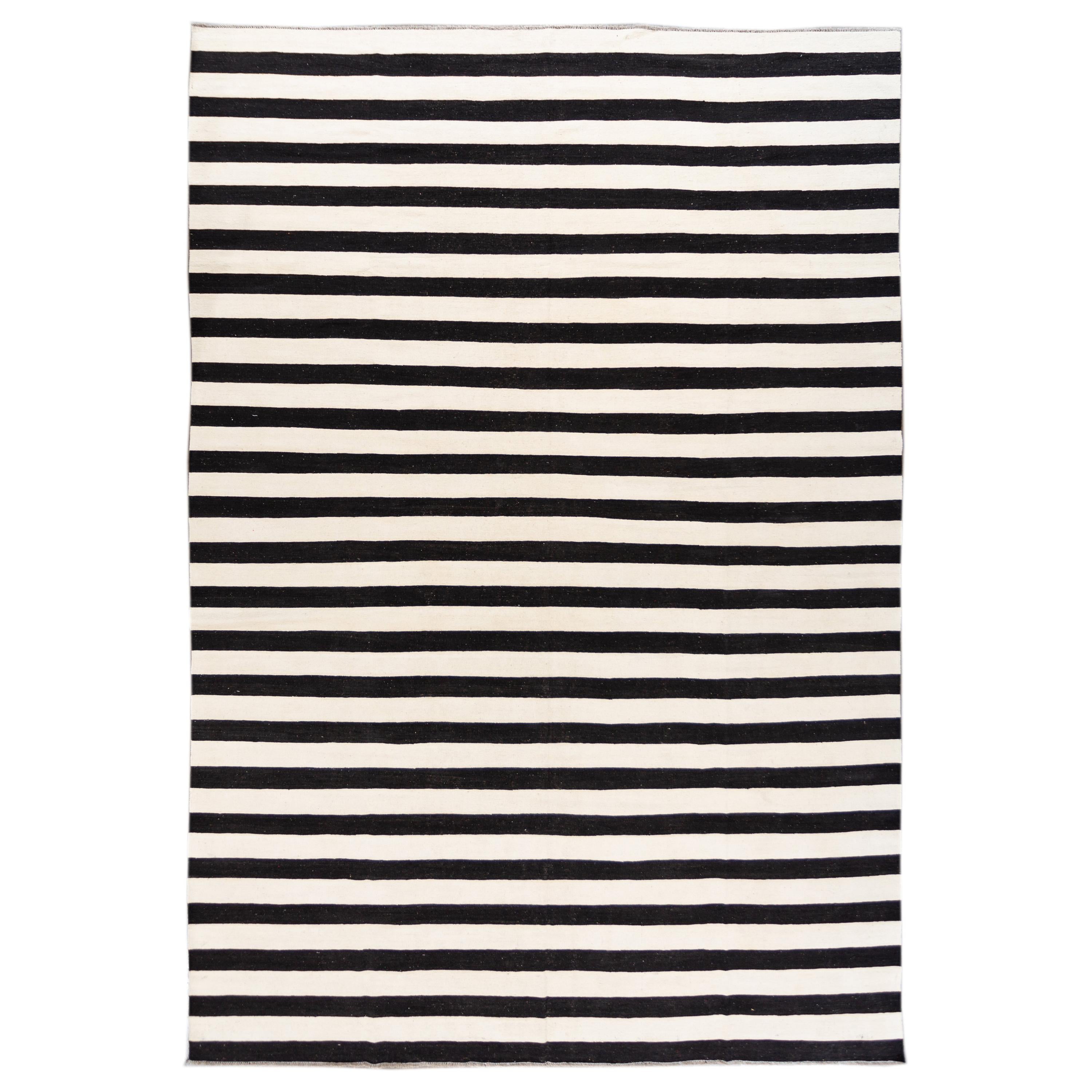 Contemporary Oversize Black & White Striped Kilim Flatweave Wool Rug For Sale