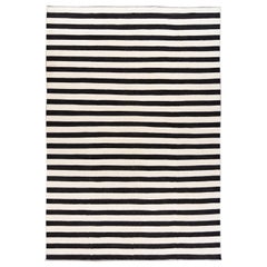 Contemporary Oversize Black & White Striped Kilim Flatweave Wool Rug