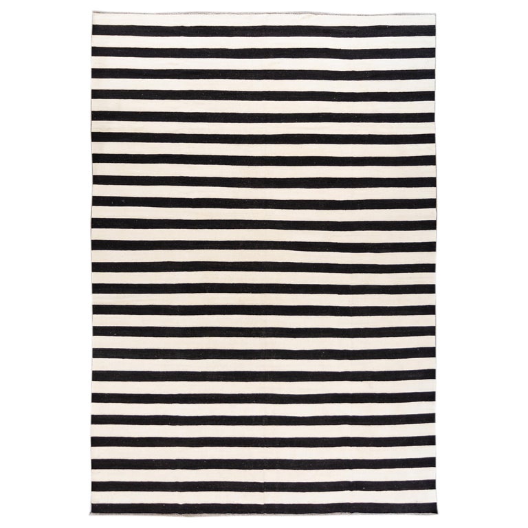 White Striped Kilim Flatweave Wool Rug, Black And White Flat Woven Rug