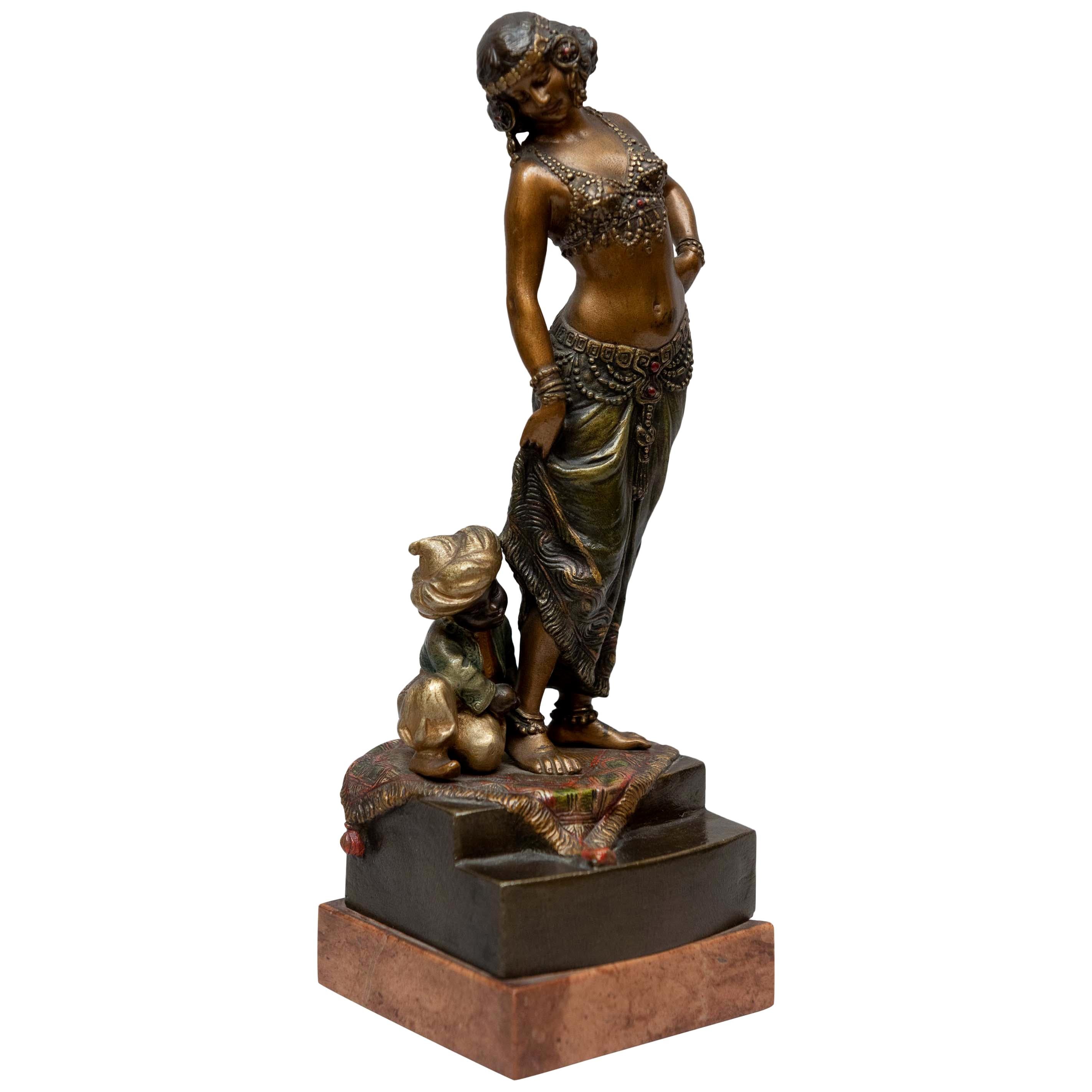 Vienna Bronze Cold Painted Orientalist Group, Woman and Boy, Signed Bergmann
