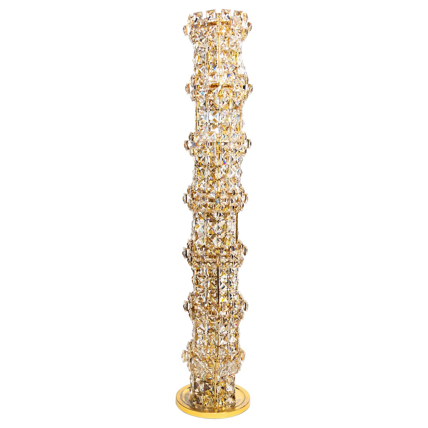 Palwa Crystal and Gilded Brass Tower Floor Lamp, 1960s