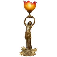 Art Nouveau Gilt Bronze Figural Lamp, French, Signed A. Fery, circa 1900