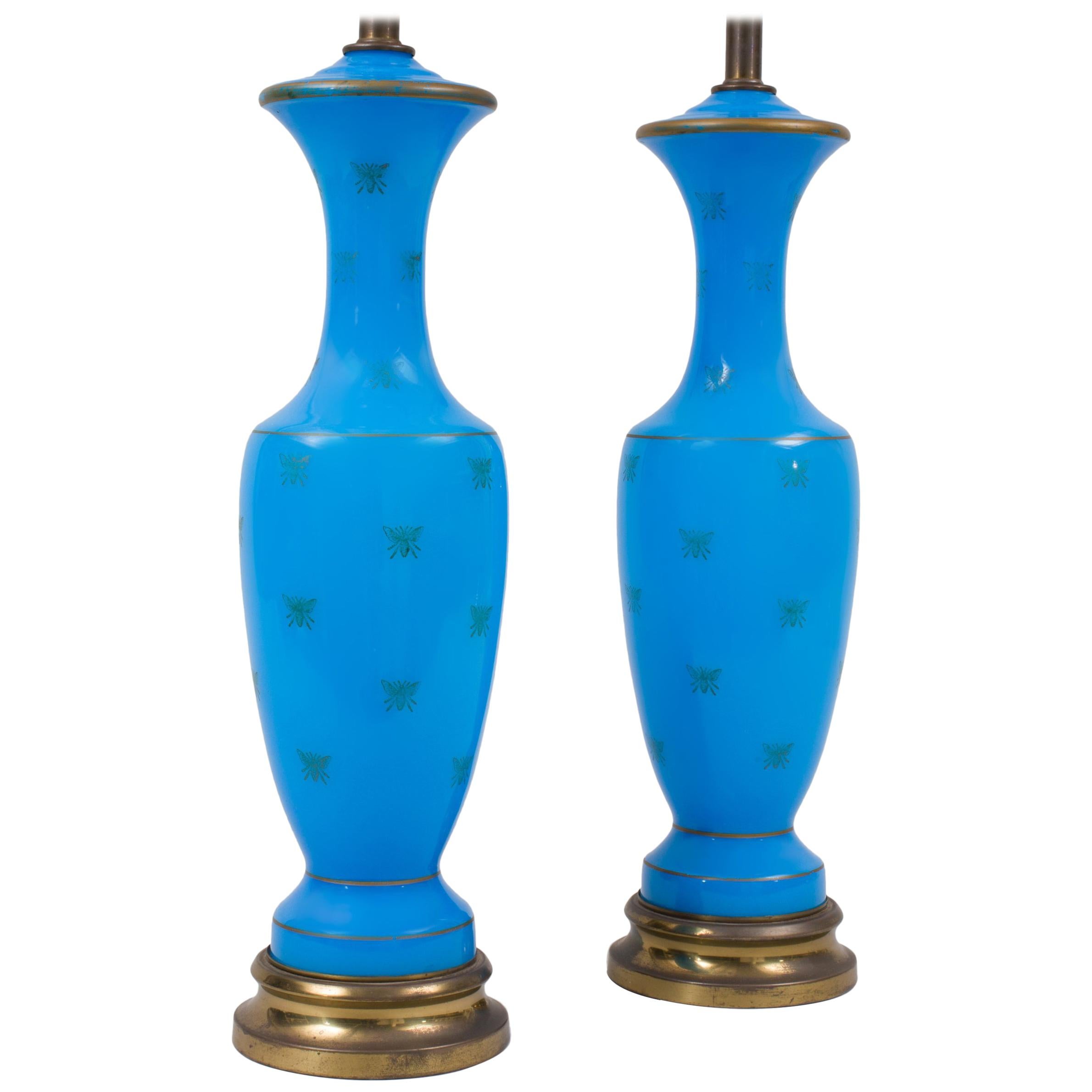 Pair of Blue Opaline Glass Lamps with Bee Decoration