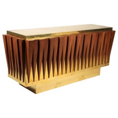 Extraordinary Brass and Walnut Credenza Custom Made for a Hotel in Italy