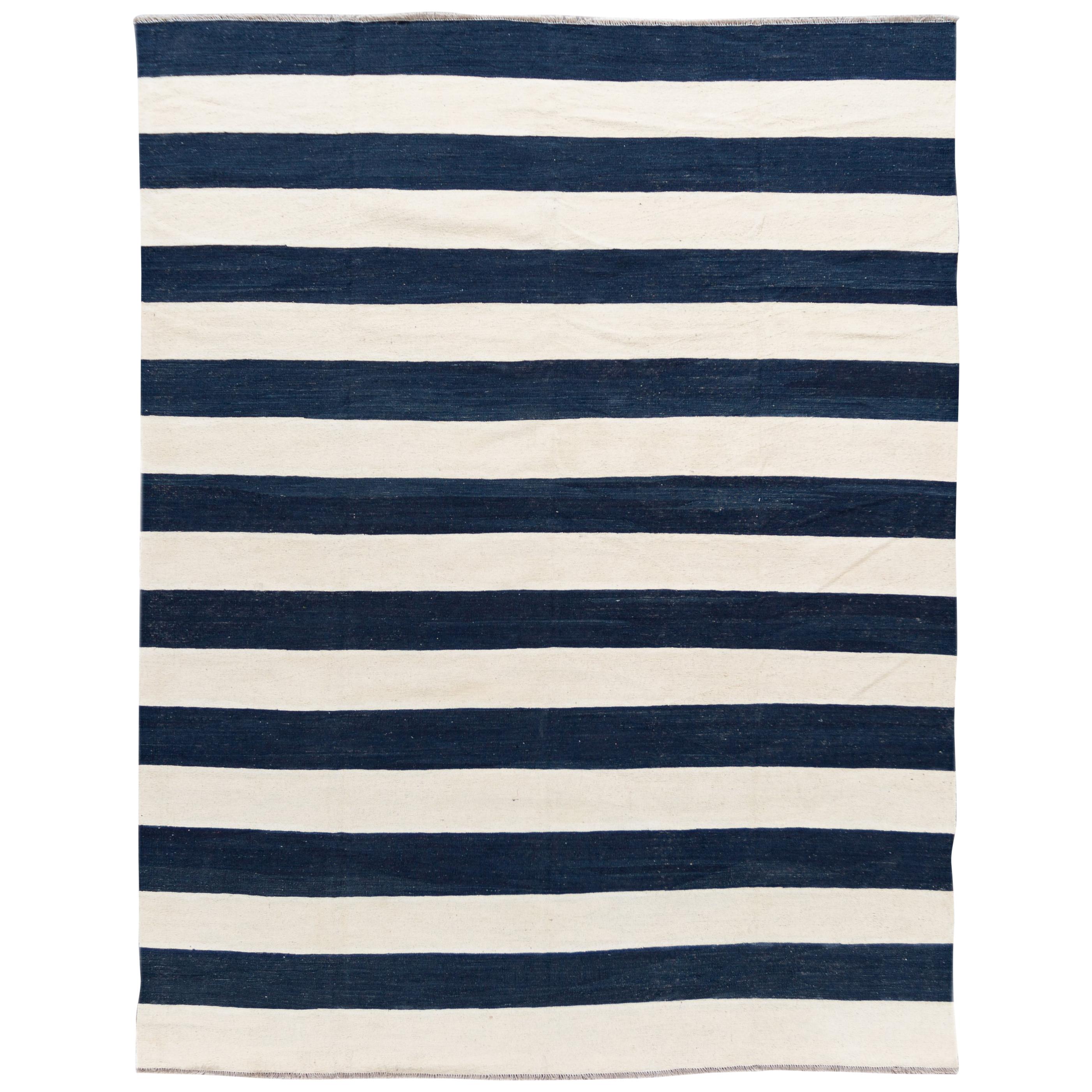 Contemporary Blue and White Striped Kilim Flatweave Wool Rug at 1stDibs