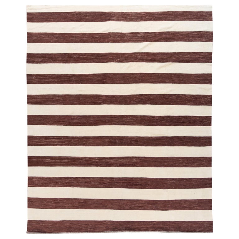 Contemporary Brown and White Striped Kilim Flatweave Wool Rug at 1stDibs