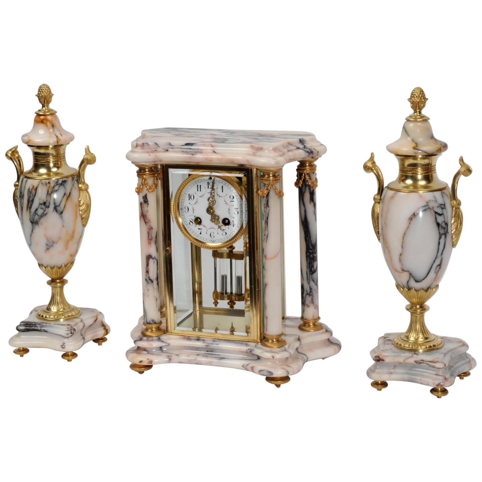 Japy Freres Ormolu and Marble Four Glass Crystal Antique French Clock Set
