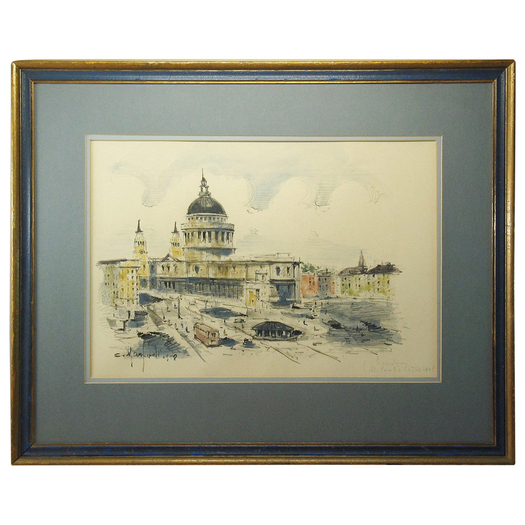 Watercolor of St. Paul's Cathedral in London Sergio Manfredi, Italian For Sale