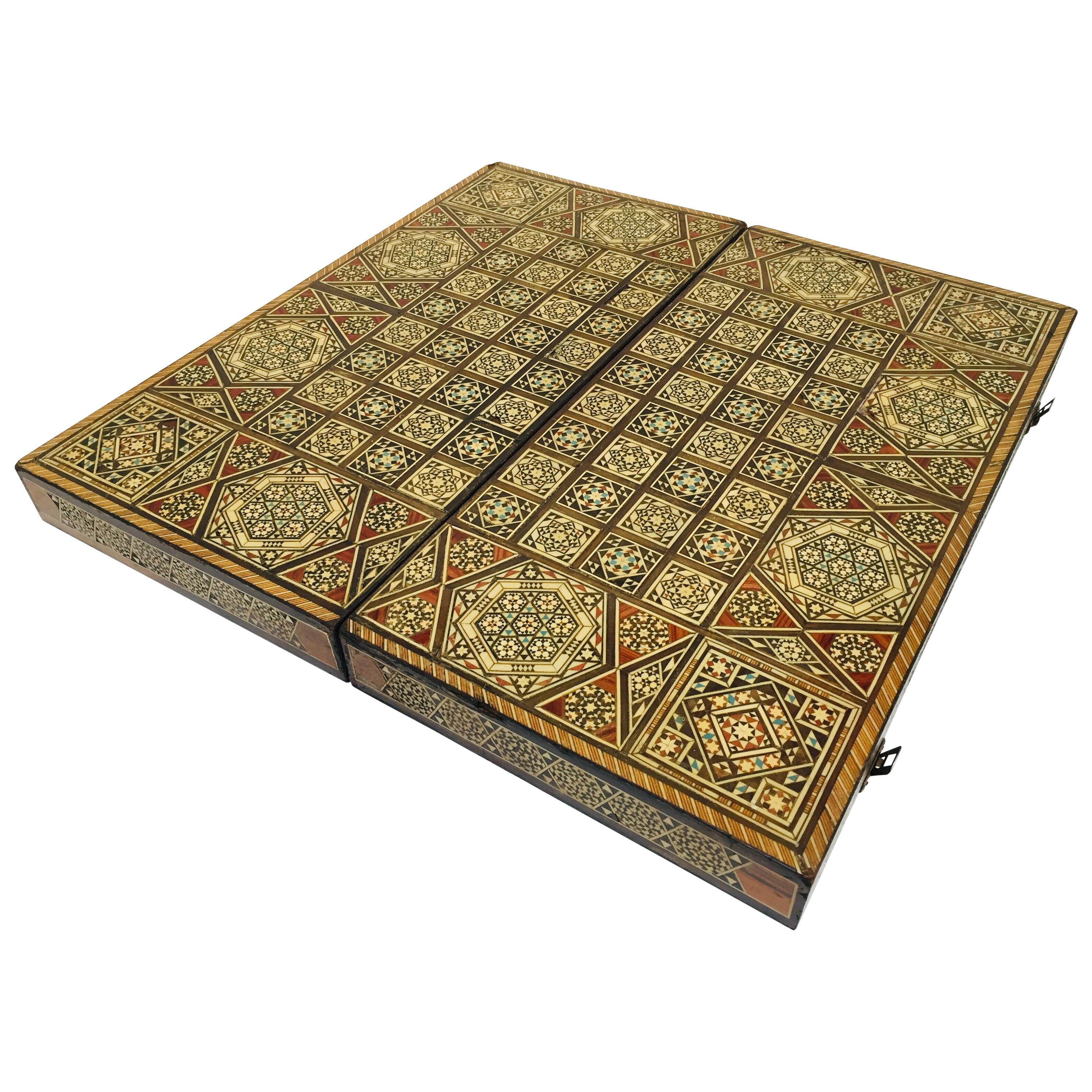 Large Mosaic Syrian Backgammon and Chess Wooden Inlaid Marquetry Box Game