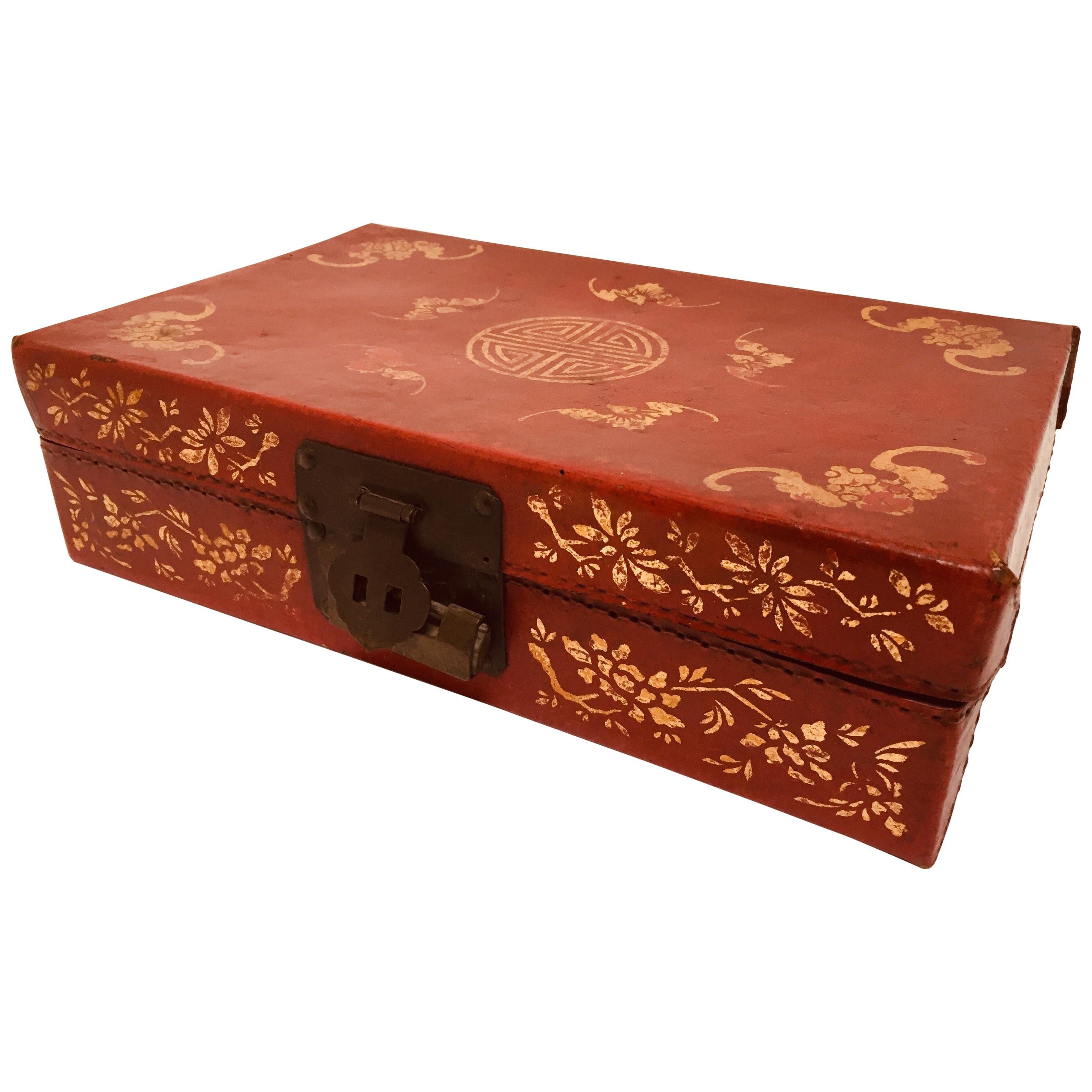 Chinoiserie Leather Red and Gilt Hand Painted Box