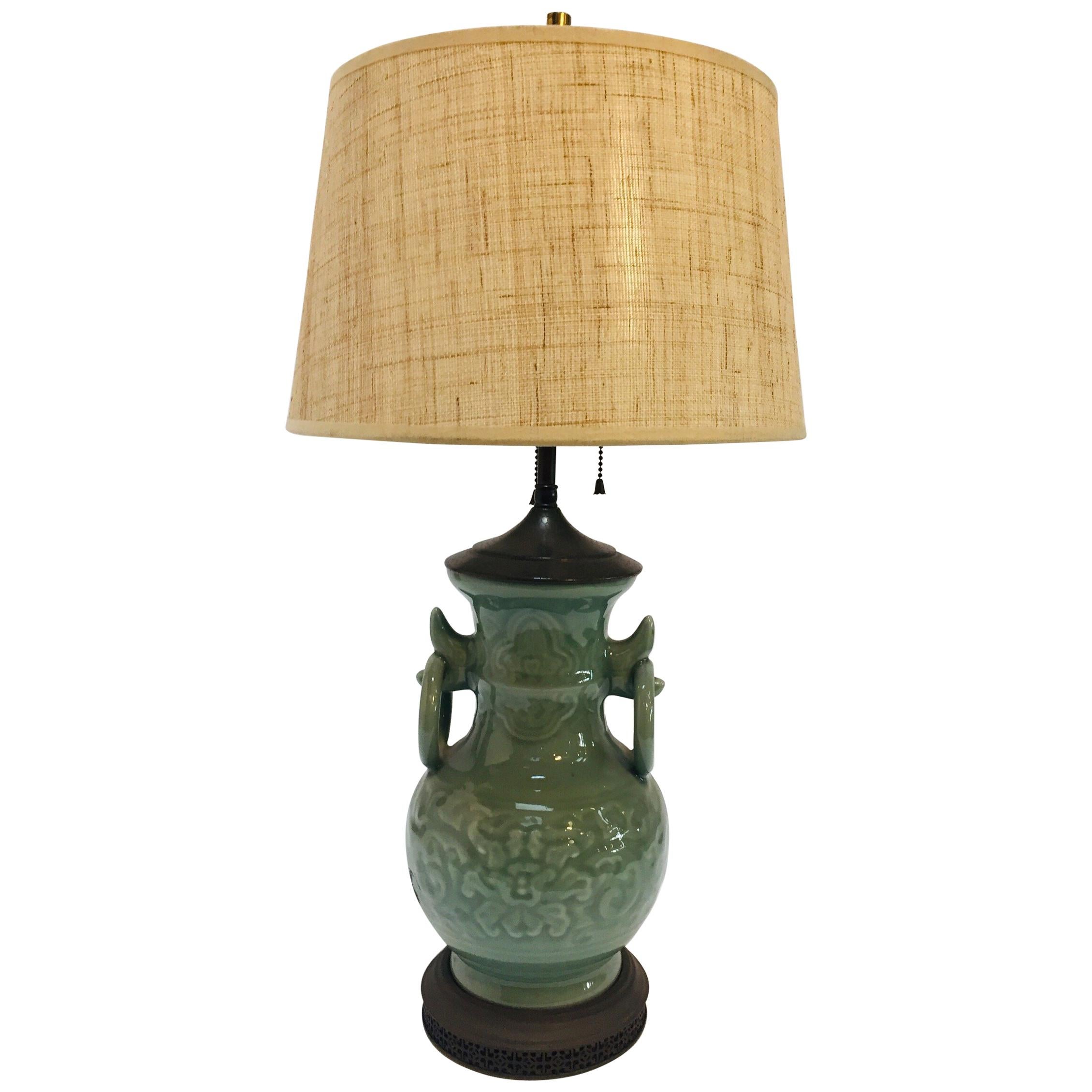 28" CRYSTAL JADE GLAZE TABLE LAMP-CHINESE VASE EMERALD GREEN ASIAN ORIENTAL 