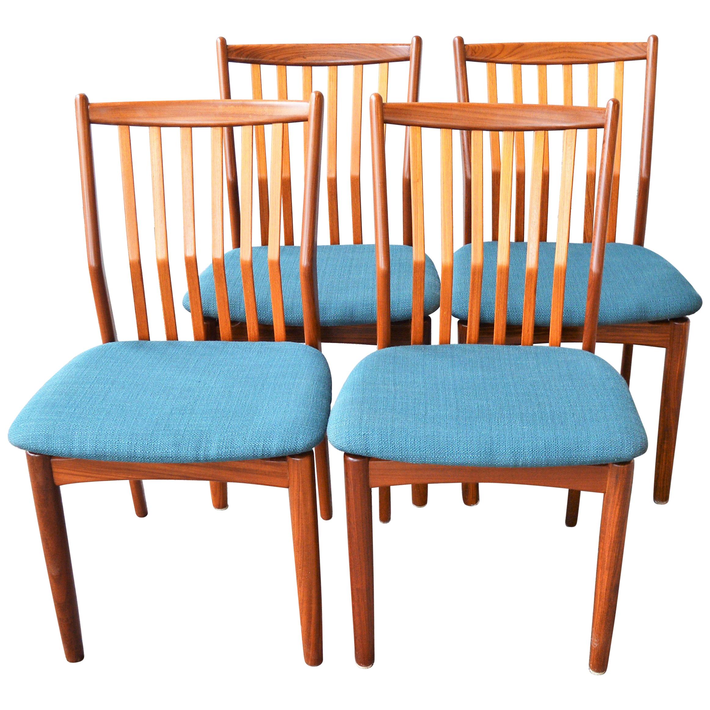 Svend Madsen Set of 4 Danish Teak Dining Chairs with Bent Backs & New Teal Tweed For Sale