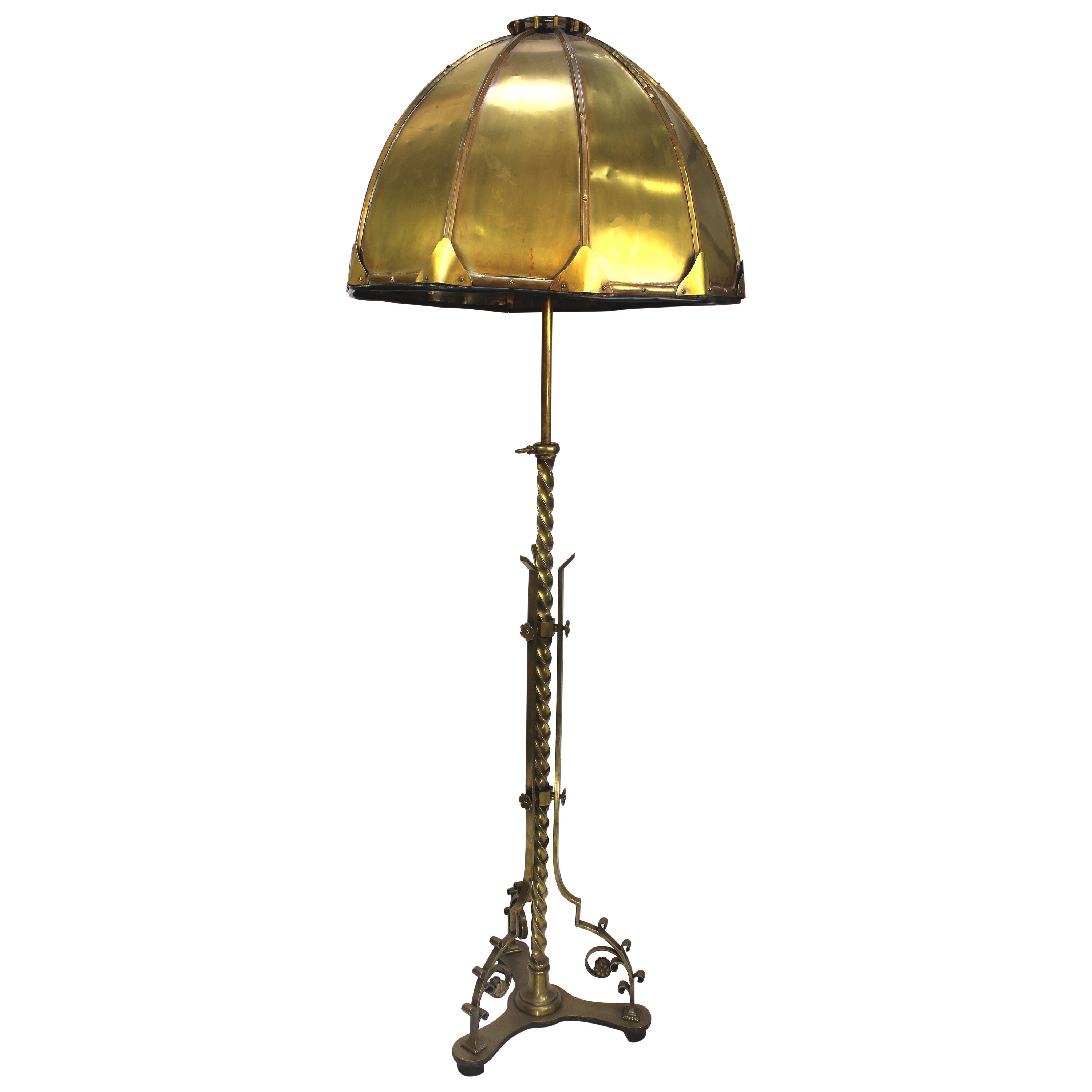 Early 1900s Solid Brass Floor Lamp With Dome Shade