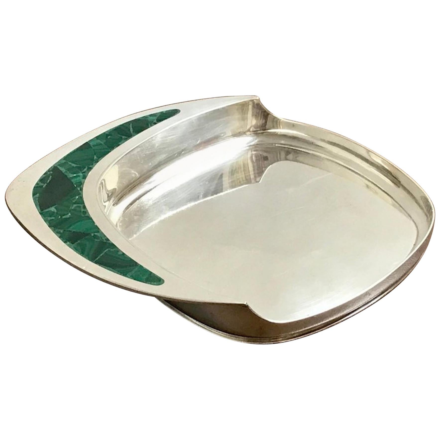 Midcentury Cartier Sterling and Malachite Wine Coaster