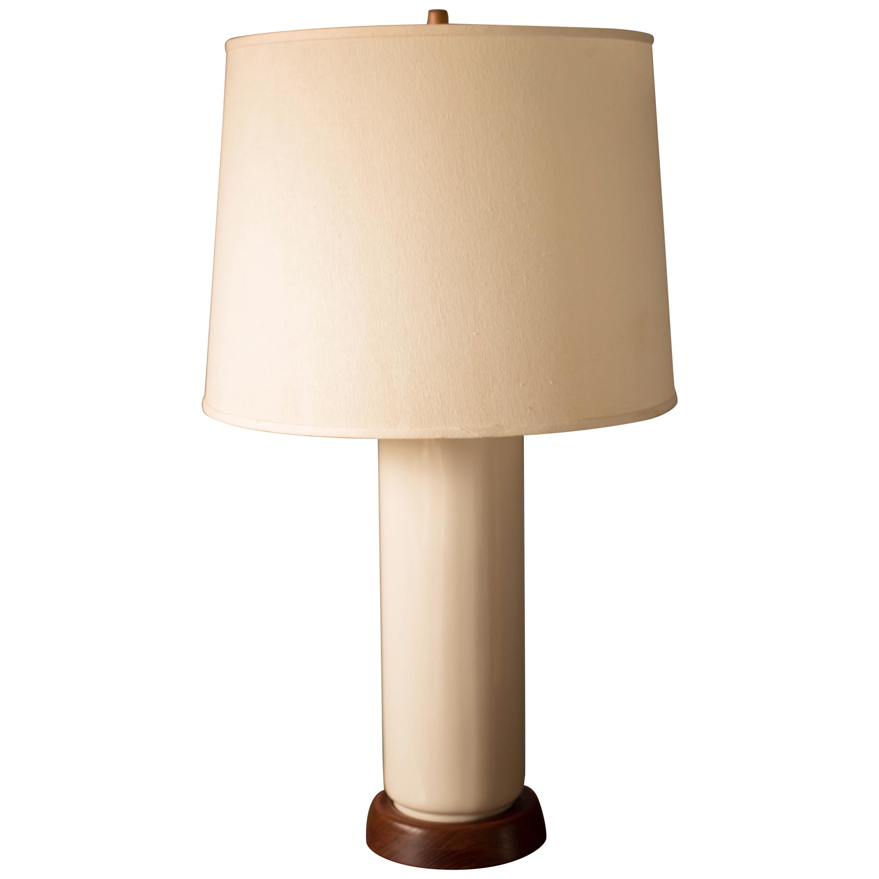 Vintage White Ceramic and Walnut Table Lamp