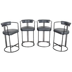 Set of 4 Black Painted Tubular Steel Bar Stools in Original Grey Leather