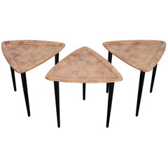 Set of 3 Triangular Top Stacking End Tables with Oak Patchwork Molded Wood Tops