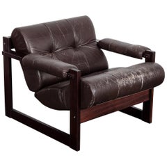 Percival Lafer MP-167 Brown Leather Lounge Chair, Jatoba Wood, Brazil, Lafer MP