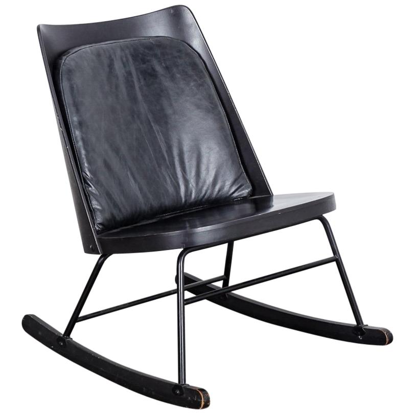 English Black Wood Mid-Century Rocking Chair with Black Leather Cushion