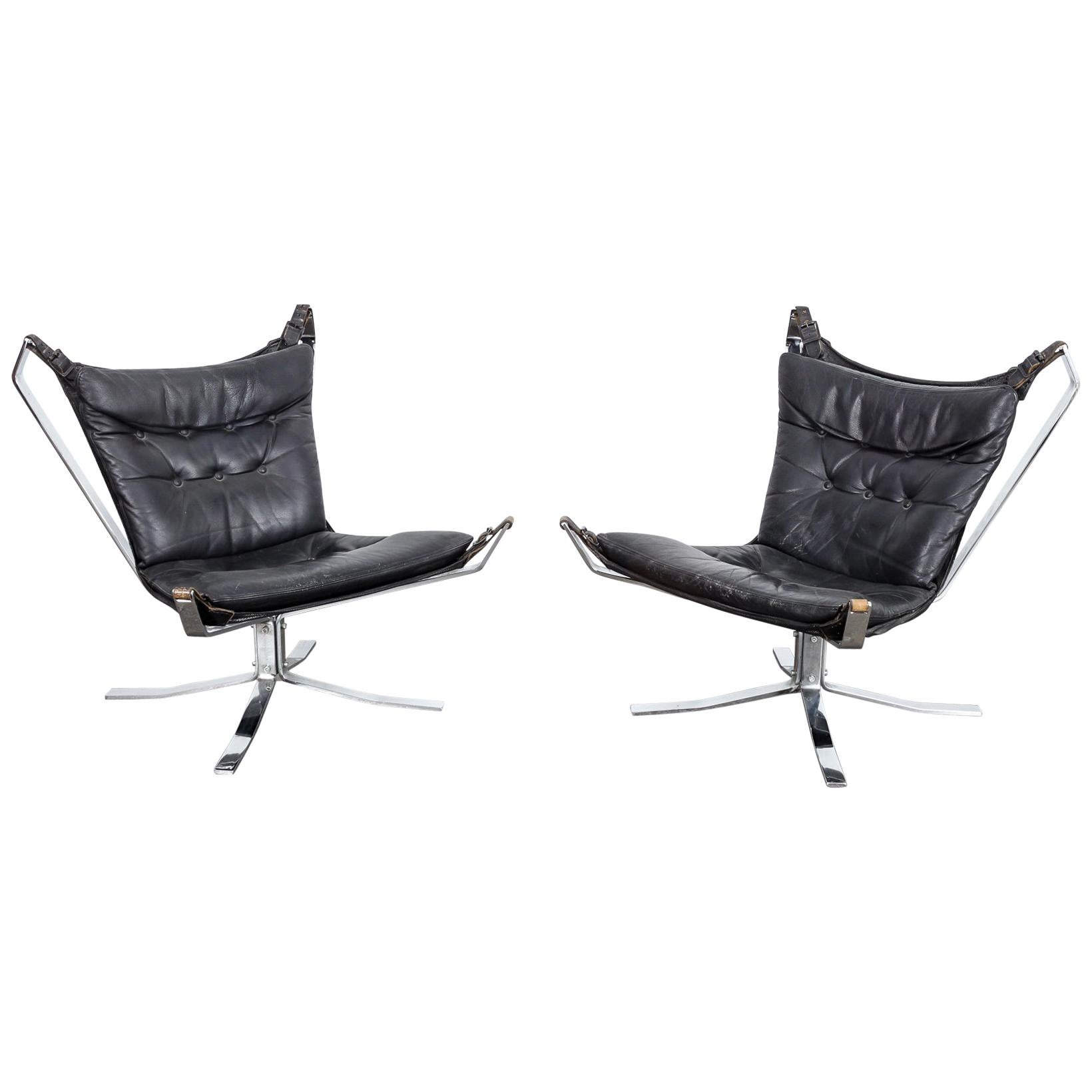 Pair of Black Leather and Chrome Flat Bar 'Falcon' Style Chairs, Denmark, 1960s.