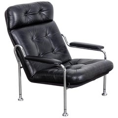 Swedish 1960s Tubular Chrome and Black Leather Tall Lounge Chair