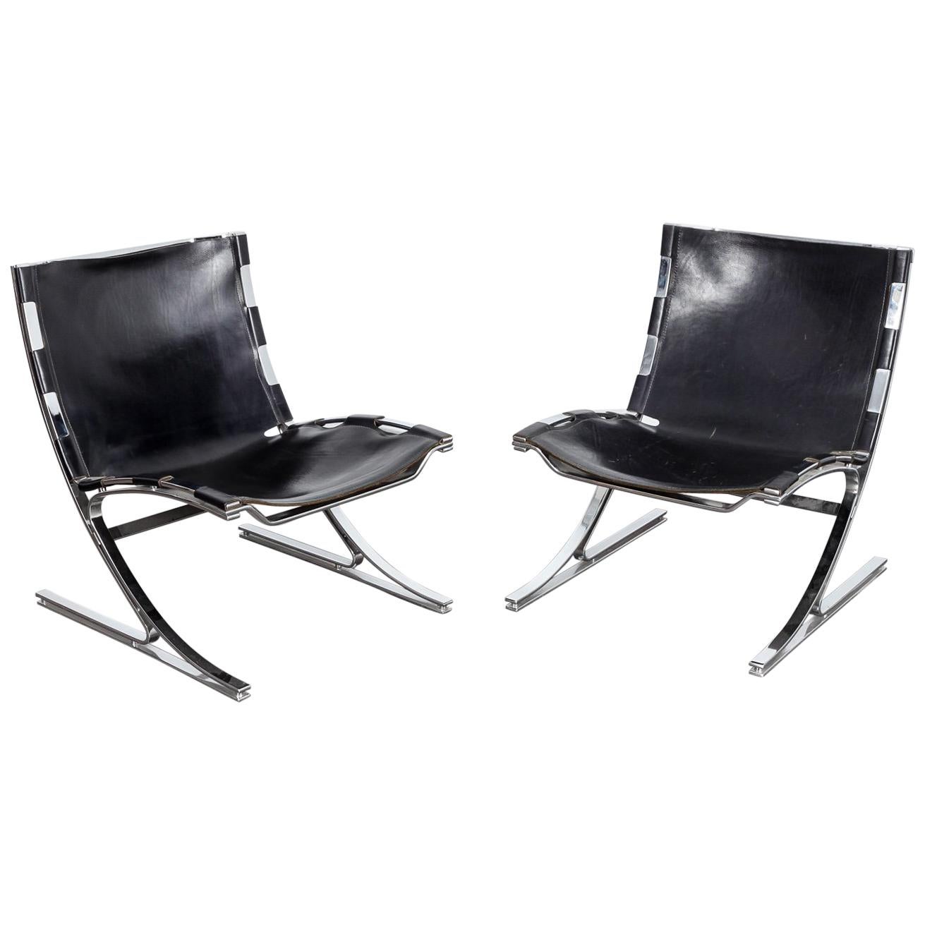 Pair of Leather and Chrome Designed Chairs by Architect Meinhard Von Gerkan