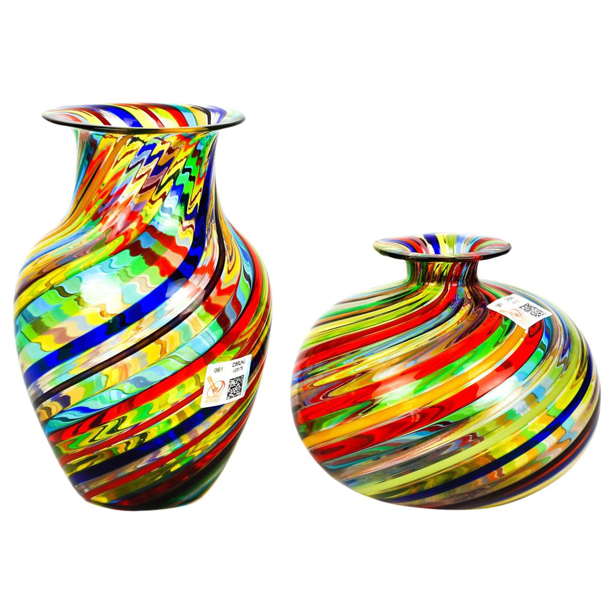 Urban Mid-Century Modern Colored Pair of Murano Glass Vases, 1994